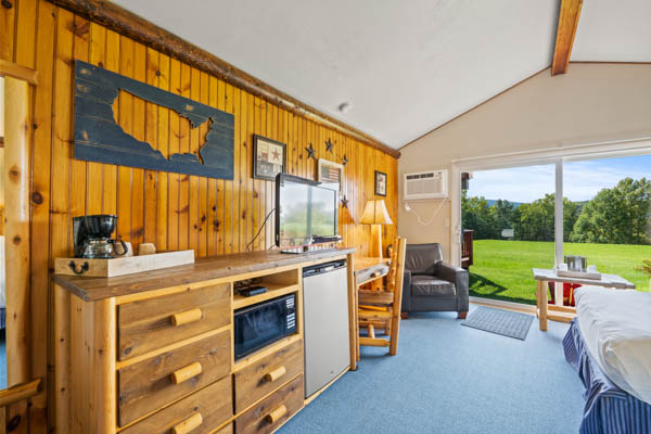 Guest room with TV, fridge, and comfy chair. And patio with lawn view.