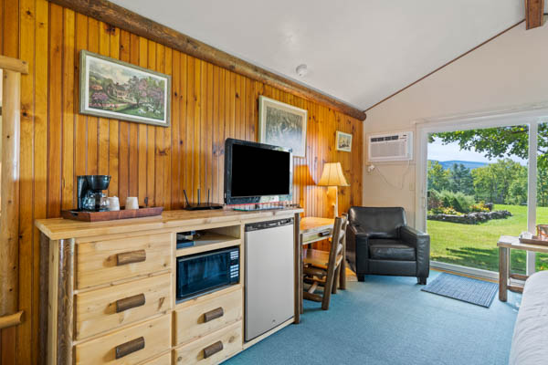 Guest room with TV, fridge, and comfy chair. And patio with lawn view.