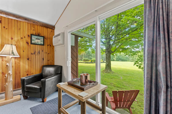 cozy chair and table with lovely lawn views