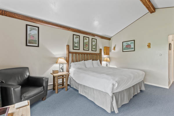 room 15 features a deluxe king bed with duvet comforter and a cozy chair.