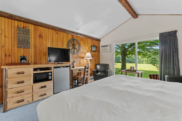 Guest room with TV, fridge, and comfy chair. And patio with lawn view.