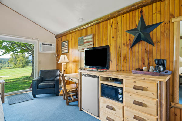 Guest room with TV, fridge, and comfy chair.