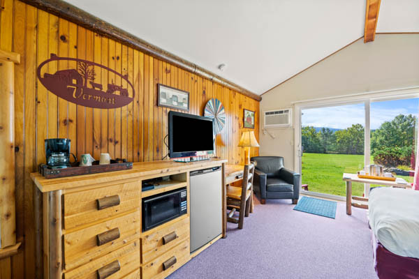 Guest room with TV, fridge, and comfy chair. And patio with lawn view.