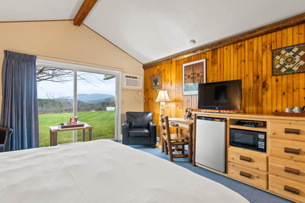 Guest room with TV, fridge, and comfy chair.