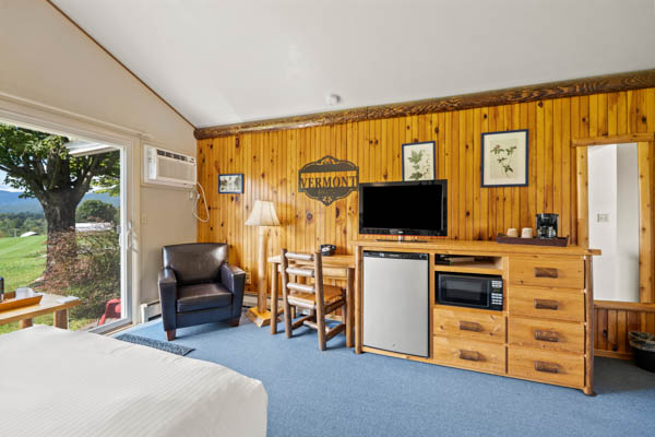 guest room with comfortable chair, TV, micro and coffee maker