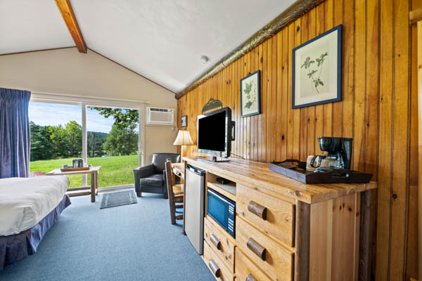 guest room with comfortable chair, TV, micro and coffee maker