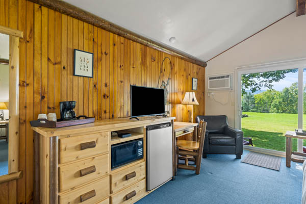 Guest room with TV, fridge, and comfy chair. And patio with lawn view.