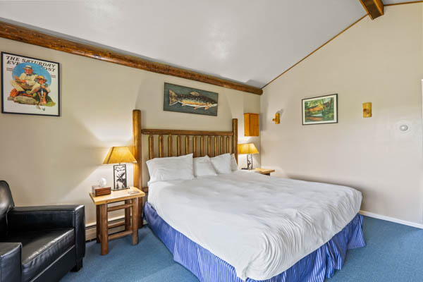 room 12 features a deluxe king bed with duvet comforter and a cozy chair.